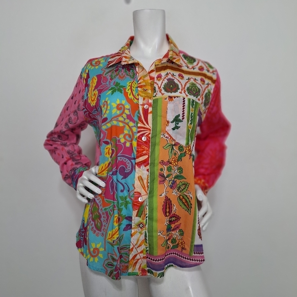 Sigrid Olsen Multicolor Boho Romantic Patchwork Inspired Floral Paisley Shirt S